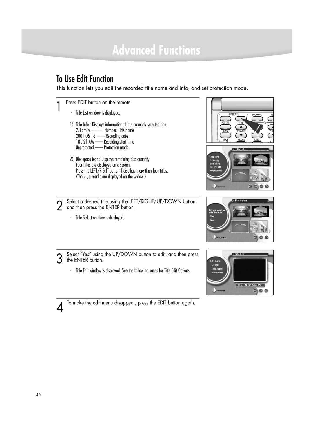 Samsung DVD-R2000 manual To Use Edit Function, Protection mode 