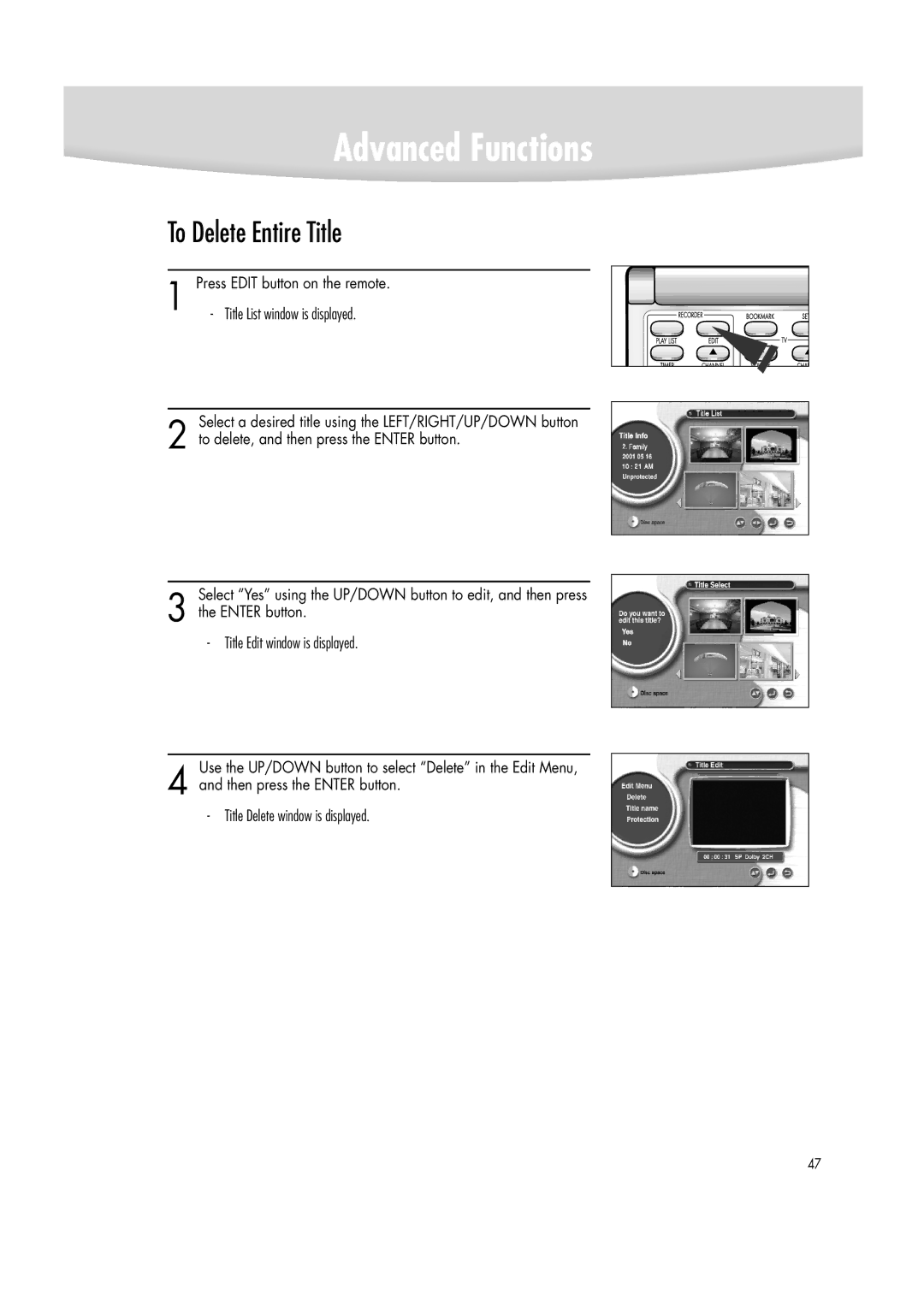 Samsung DVD-R2000 manual To Delete Entire Title 