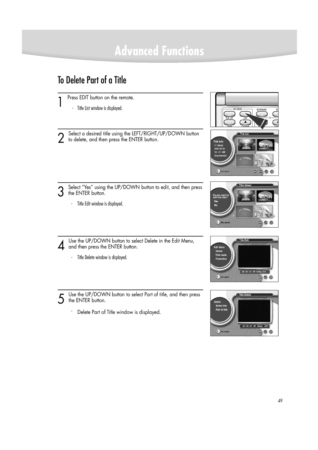 Samsung DVD-R2000 manual To Delete Part of a Title 