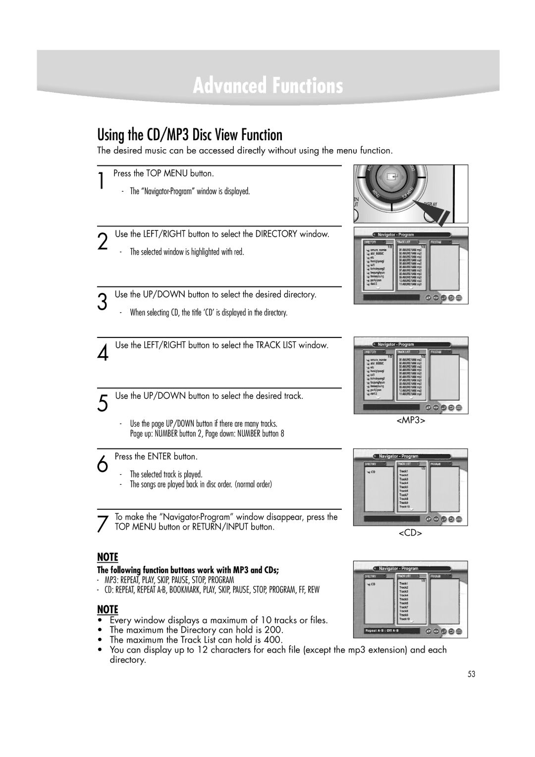 Samsung DVD-R2000 manual Using the CD/MP3 Disc View Function, Following function buttons work with MP3 and CDs 