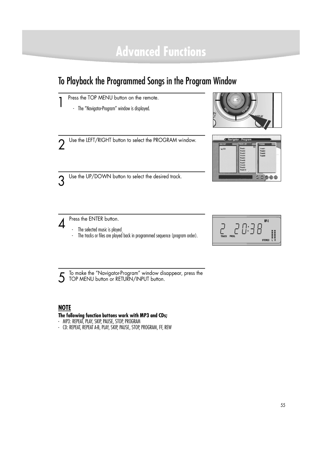 Samsung DVD-R2000 manual To Playback the Programmed Songs in the Program Window 