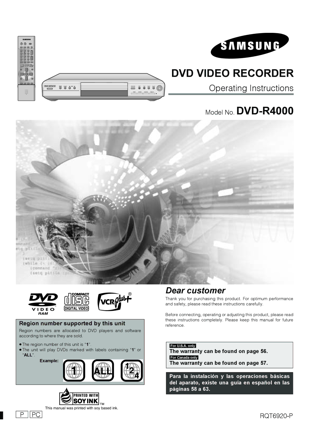 Samsung DVD-R4000EU manual Warranty can be found on, Example 