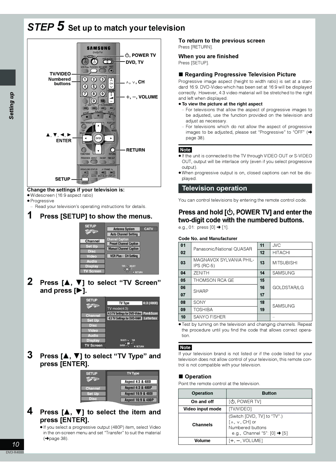 Samsung DVD-R4000EU manual Set up to match your television, Press 3, 4 to select TV Screen and press, Television operation 