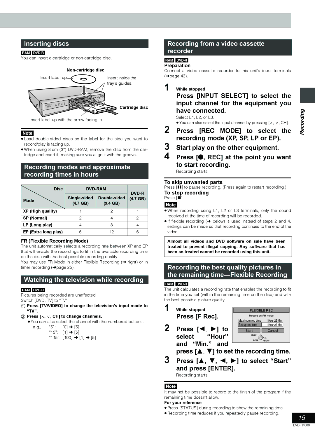 Samsung DVD-R4000EU manual Inserting discs, Recording modes and approximate recording times in hours 