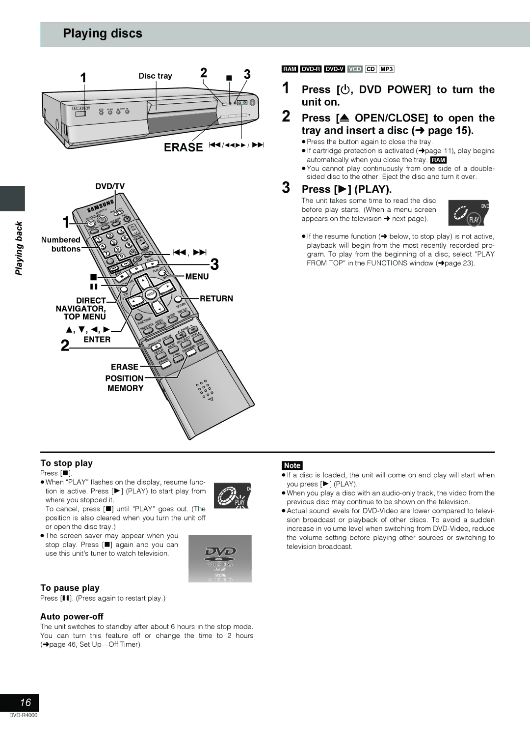 Samsung DVD-R4000EU manual Playing discs, Press 1 Play, To stop play, To pause play, Press . Press again to restart play 