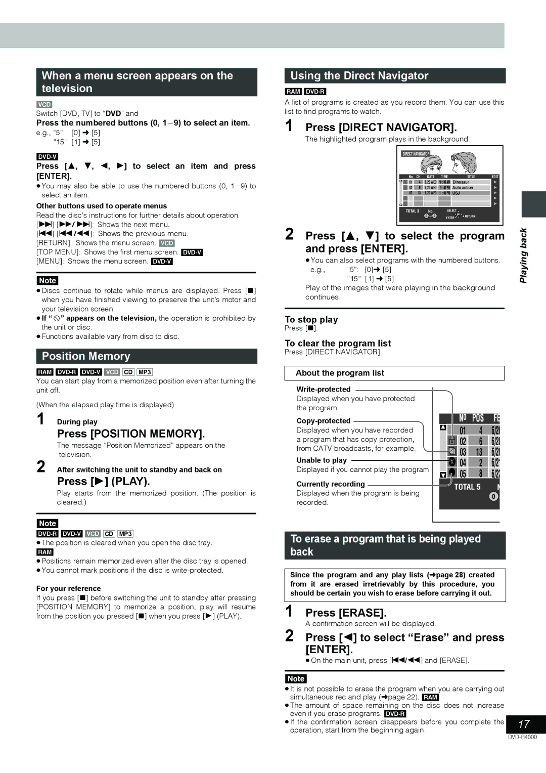 Samsung DVD-R4000EU manual When a menu screen appears on the television, Position Memory, Using the Direct Navigator 