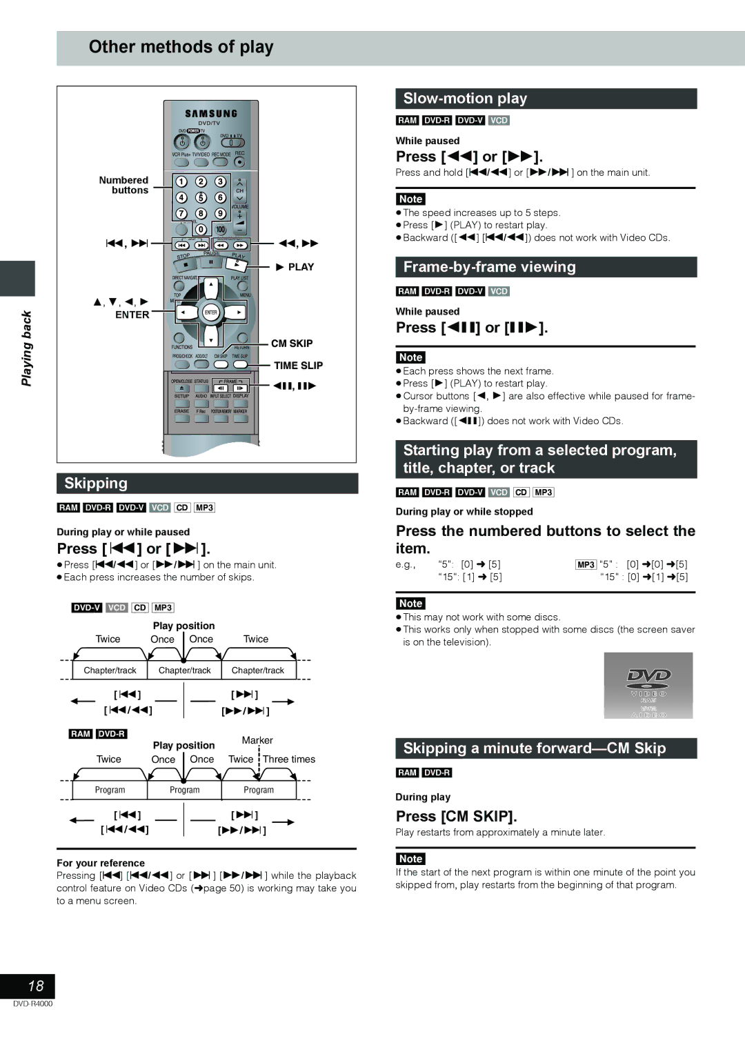 Samsung DVD-R4000EU manual Other methods of play, Skipping, Slow-motion play, Frame-by-frame viewing 