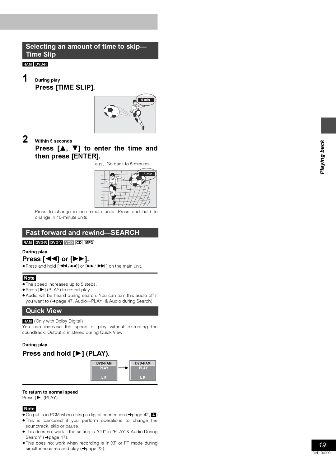 Samsung DVD-R4000EU manual Selecting an amount of time to skip- Time Slip, Fast forward and rewind-SEARCH, Quick View 