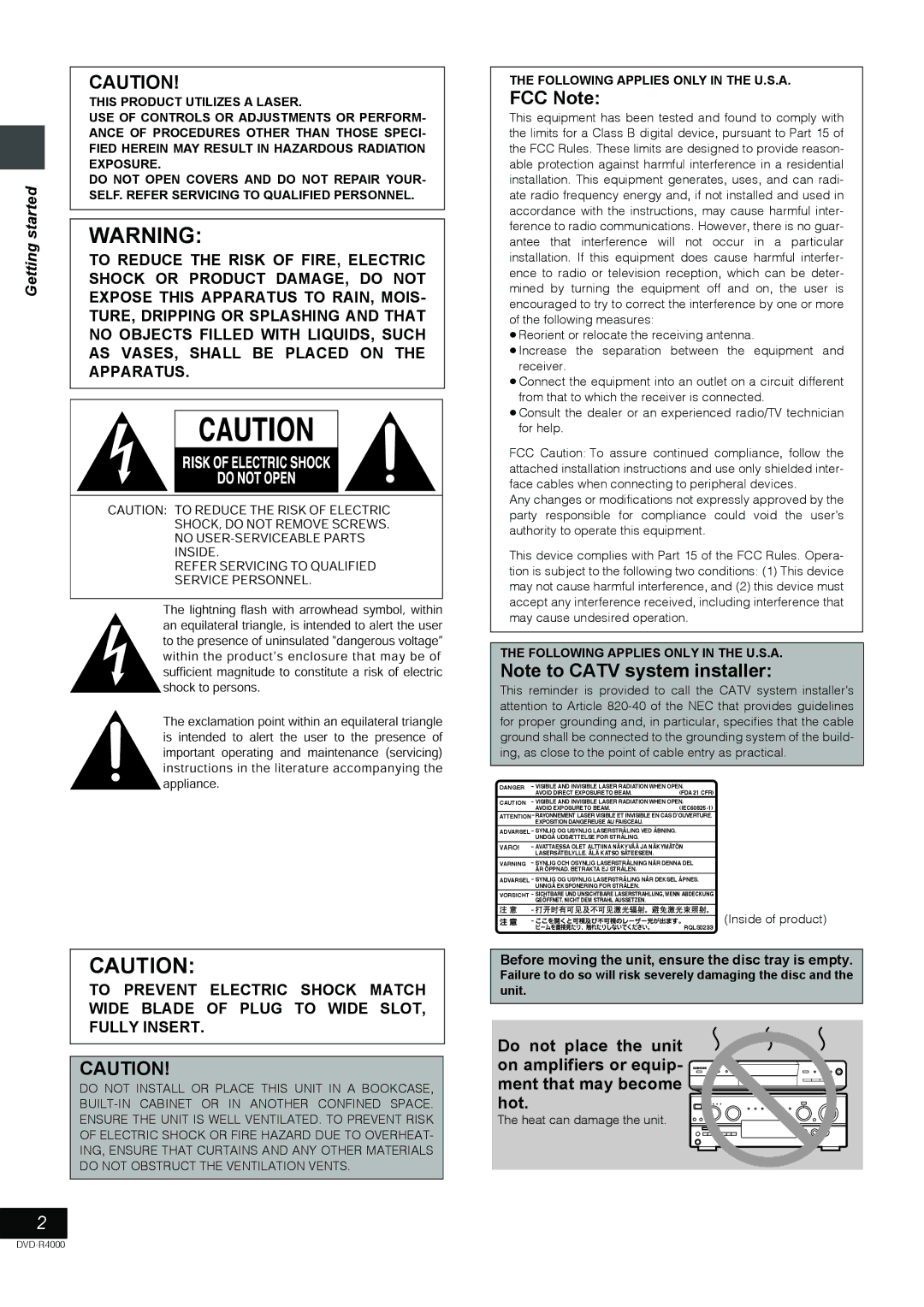 Samsung DVD-R4000EU manual FCC Note, Before moving the unit, ensure the disc tray is empty, Heat can damage the unit 