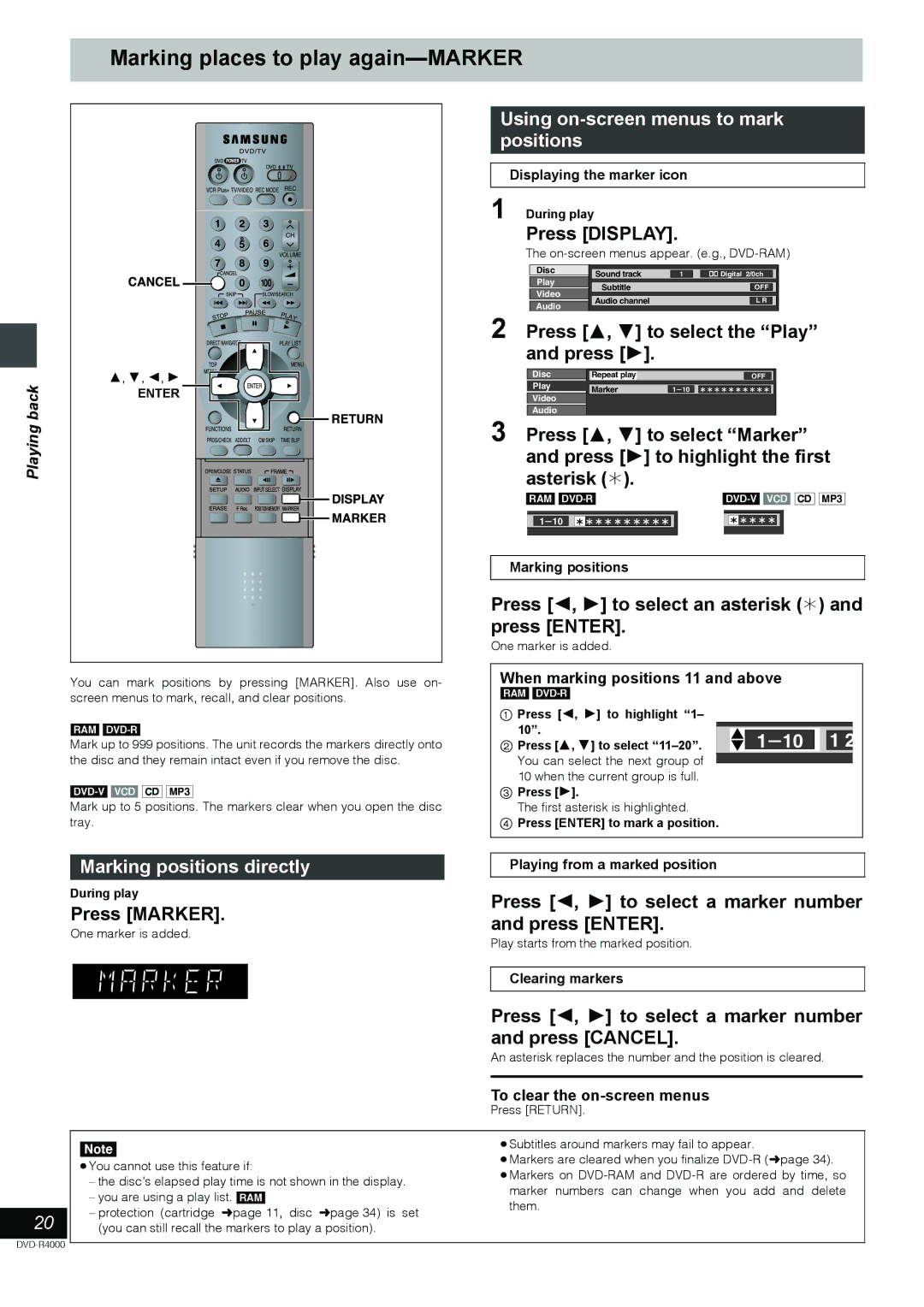 Samsung DVD-R4000EU manual Marking places to play again-MARKER, Using on-screen menus to mark positions 