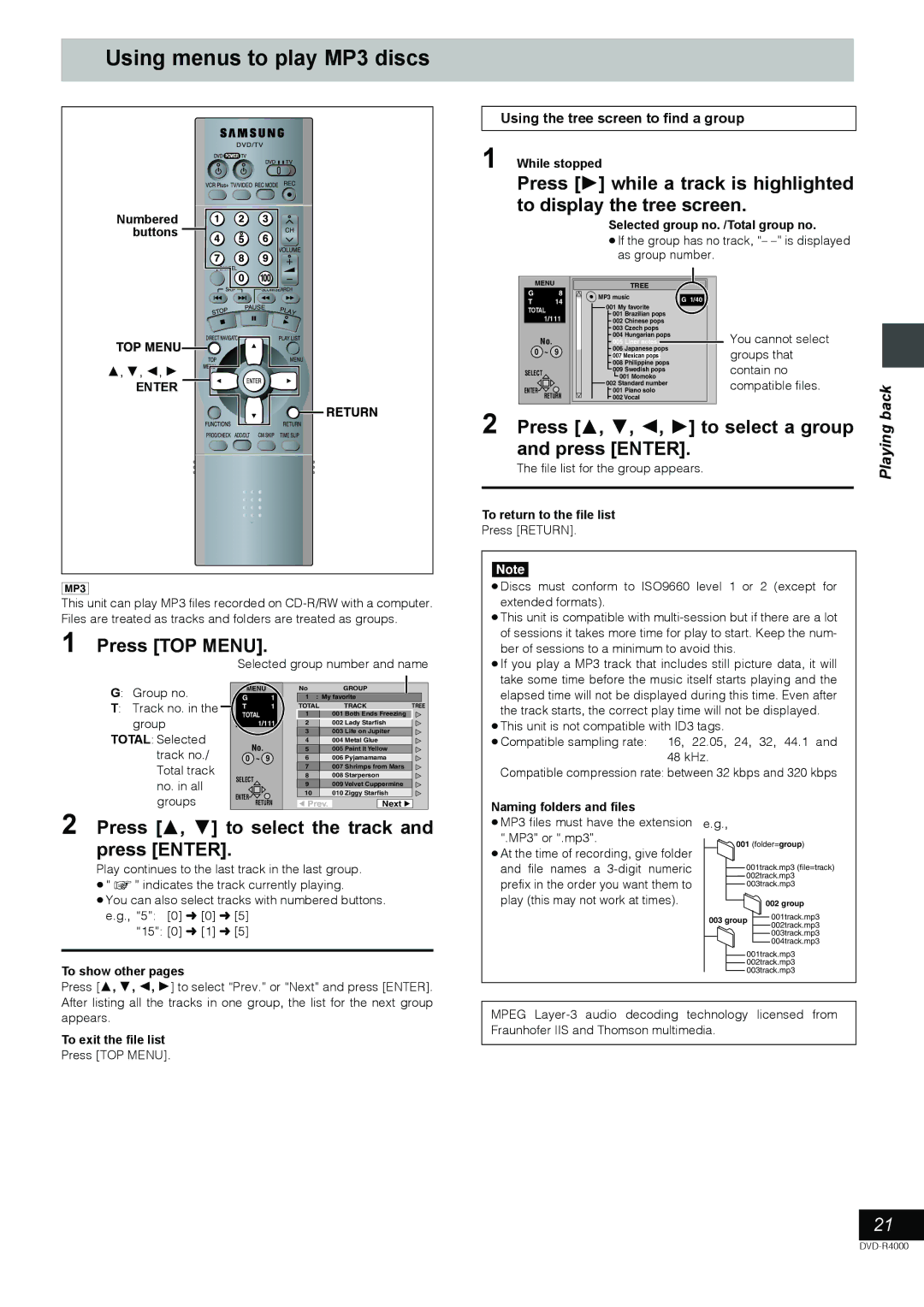 Samsung DVD-R4000EU manual Using menus to play MP3 discs, Press TOP Menu, Press 3, 4 to select the track and press Enter 