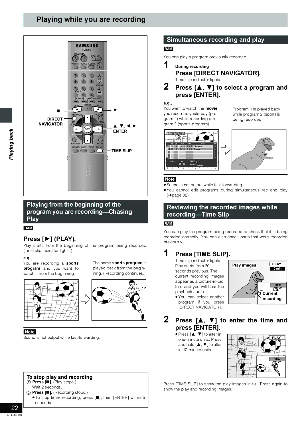 Samsung DVD-R4000EU manual Playing while you are recording, Simultaneous recording and play 