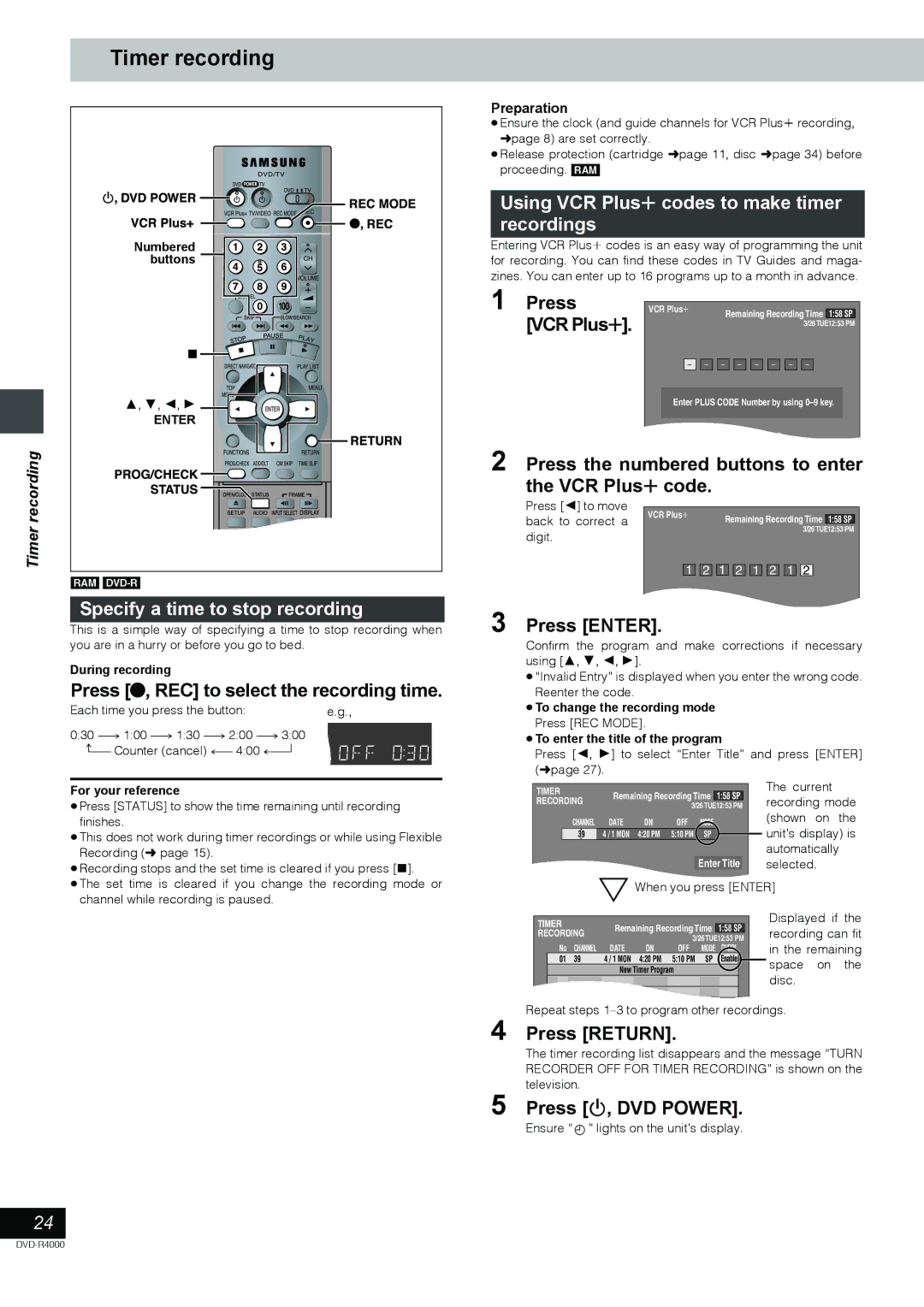 Samsung DVD-R4000EU Timer recording, Specify a time to stop recording, Using VCR Plusr codes to make timer recordings 