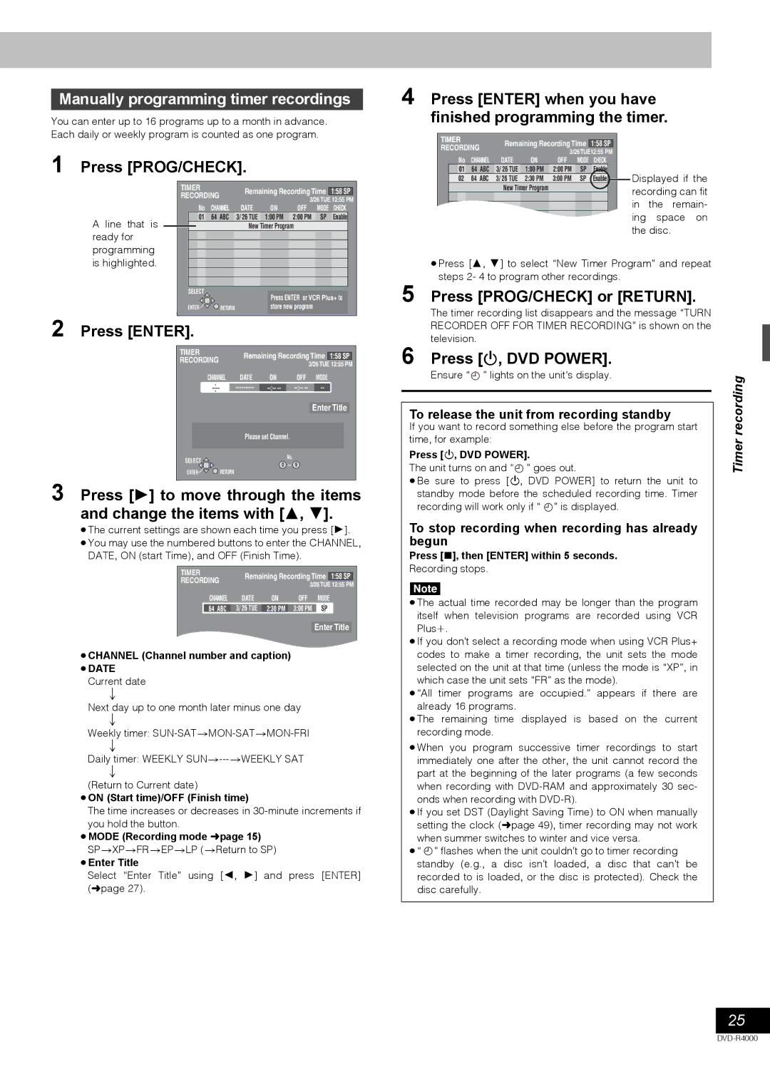 Samsung DVD-R4000EU manual Manually programming timer recordings, Press PROG/CHECK, Press Enter 