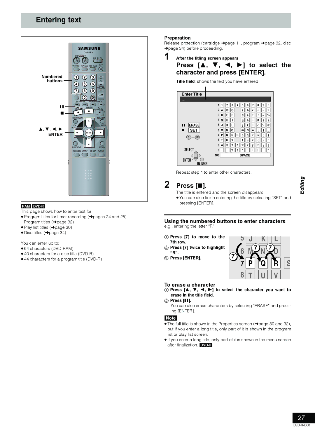 Samsung DVD-R4000EU manual Entering text, Press 3, 4, 2, 1 to select the character and press Enter, To erase a character 