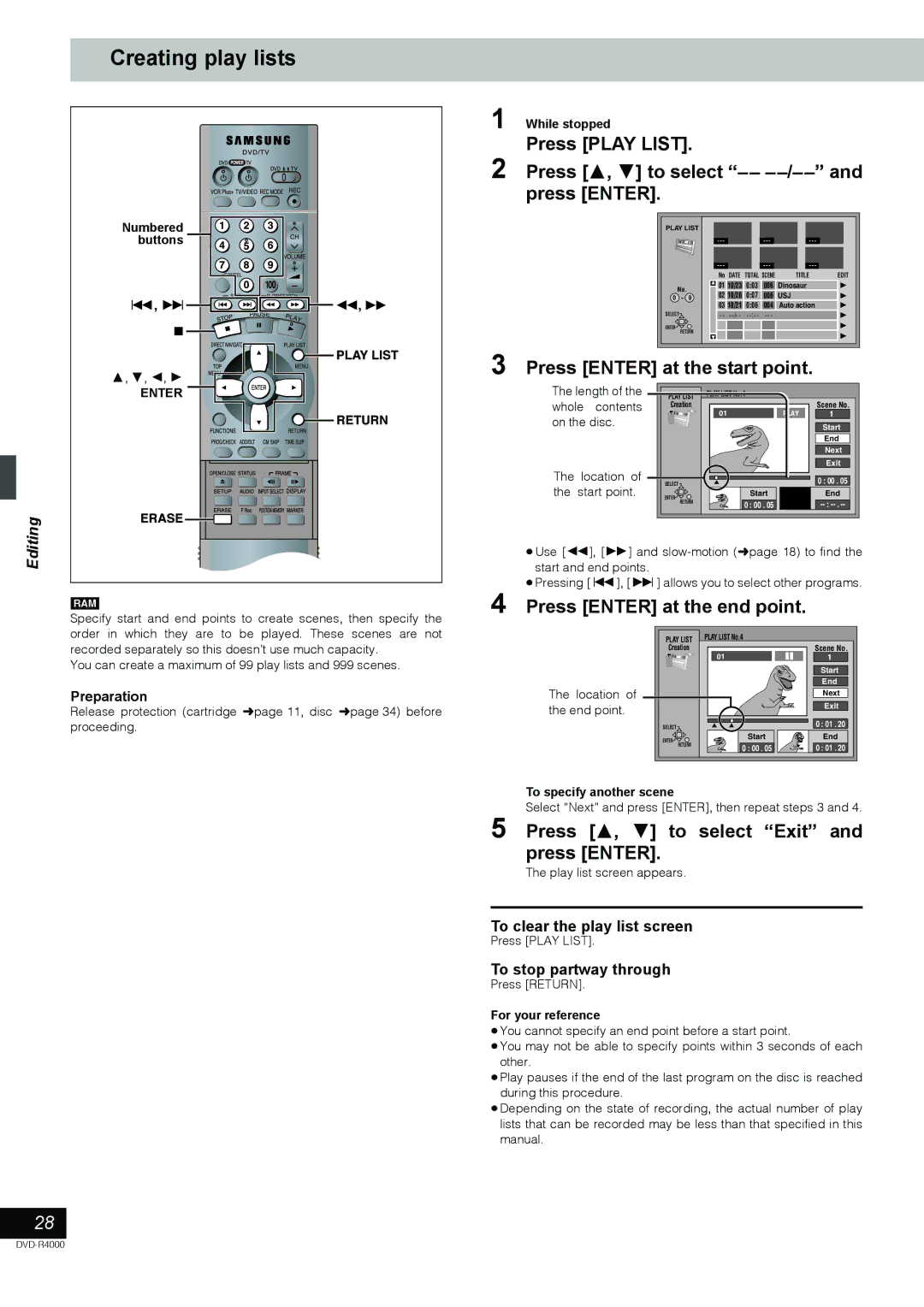 Samsung DVD-R4000EU Creating play lists, Press 3, 4 to select -- --/-- and press Enter, Press Enter at the start point 