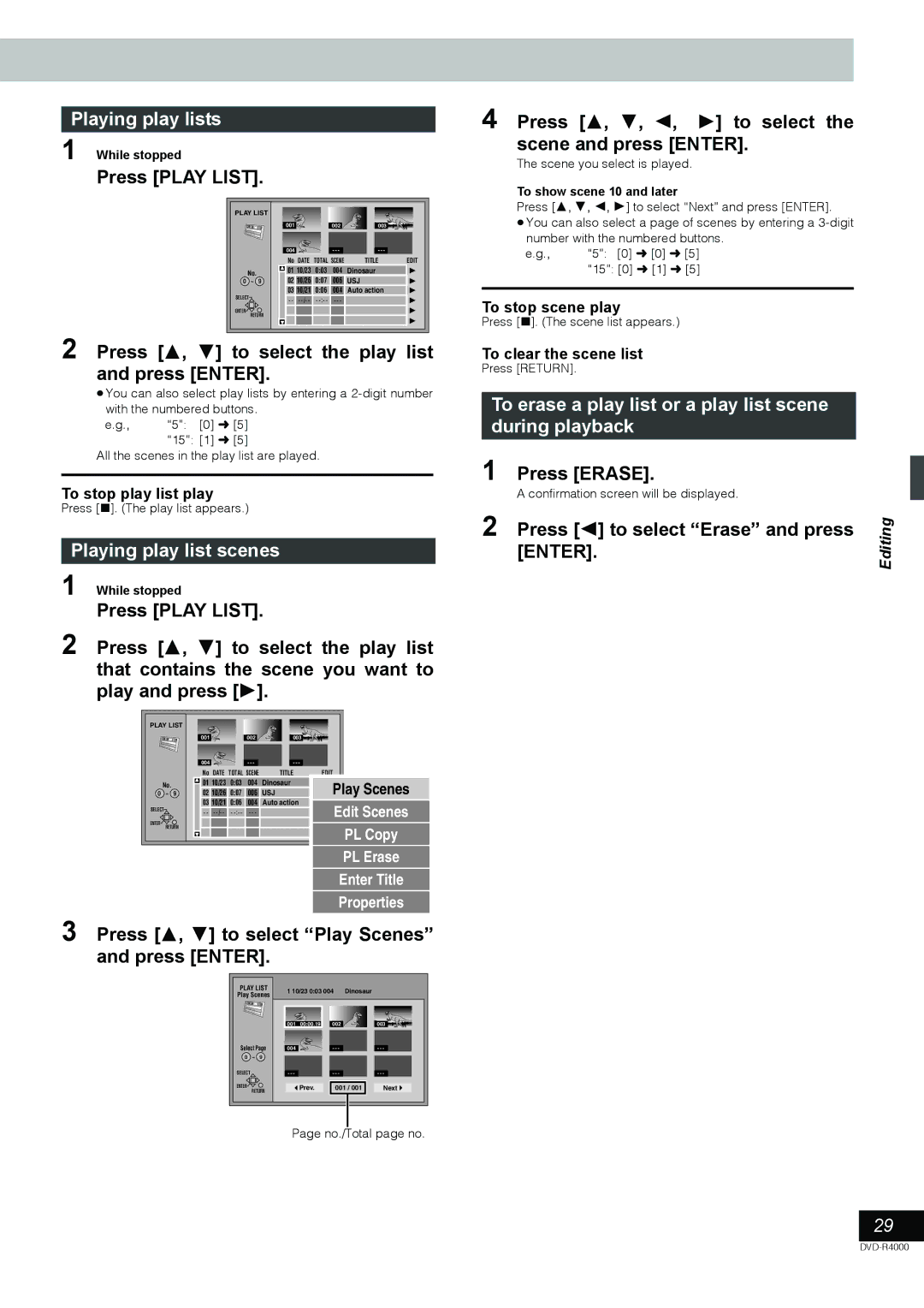 Samsung DVD-R4000EU manual Playing play lists, Playing play list scenes 