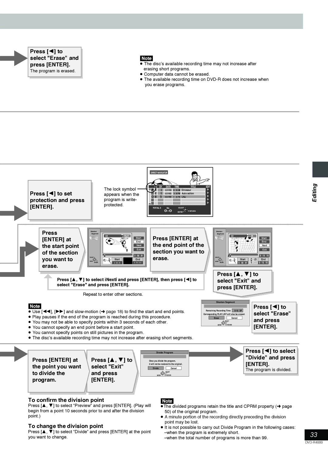 Samsung DVD-R4000EU manual Lock symbol appears when the program is write- protected, Repeat to enter other sections 