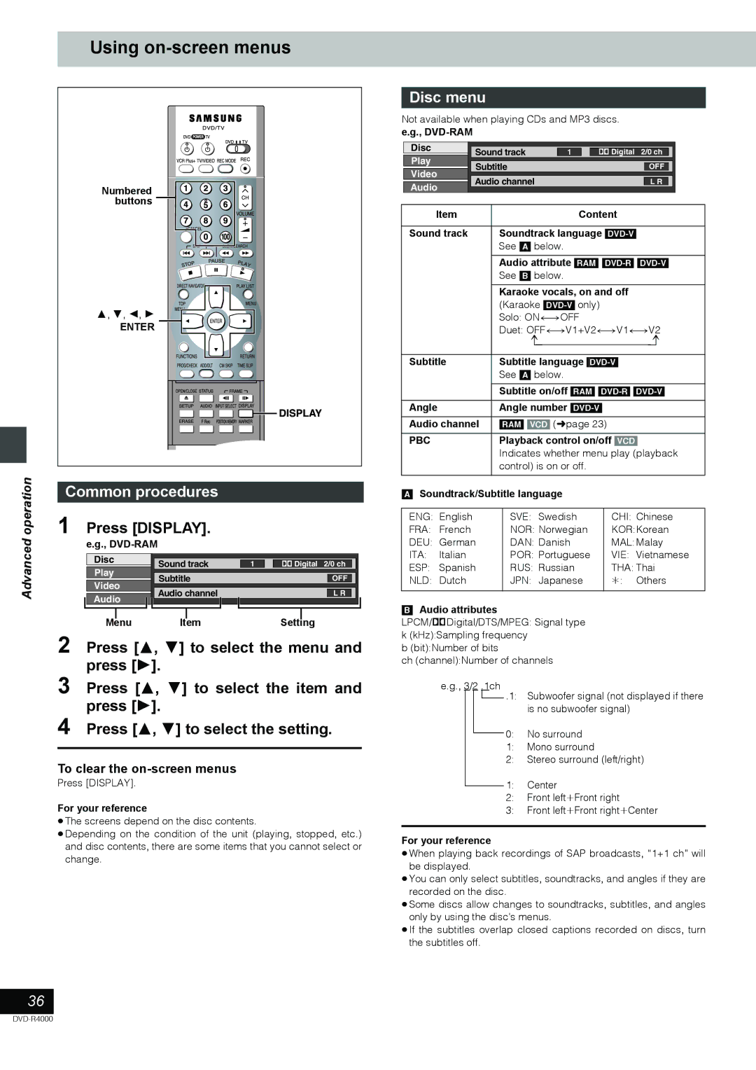 Samsung DVD-R4000EU manual Using on-screen menus, Press Display Common procedures, Disc menu 