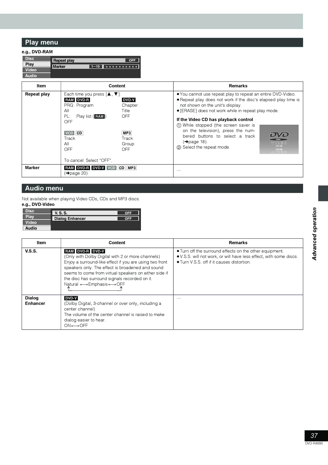 Samsung DVD-R4000EU manual Play menu, Audio menu 