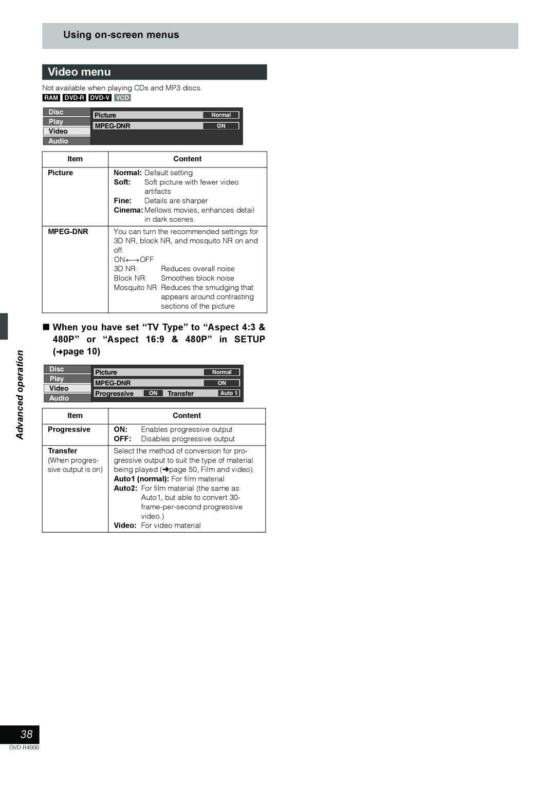 Samsung DVD-R4000EU manual Video menu, Picture, Soft, Fine, Transfer 