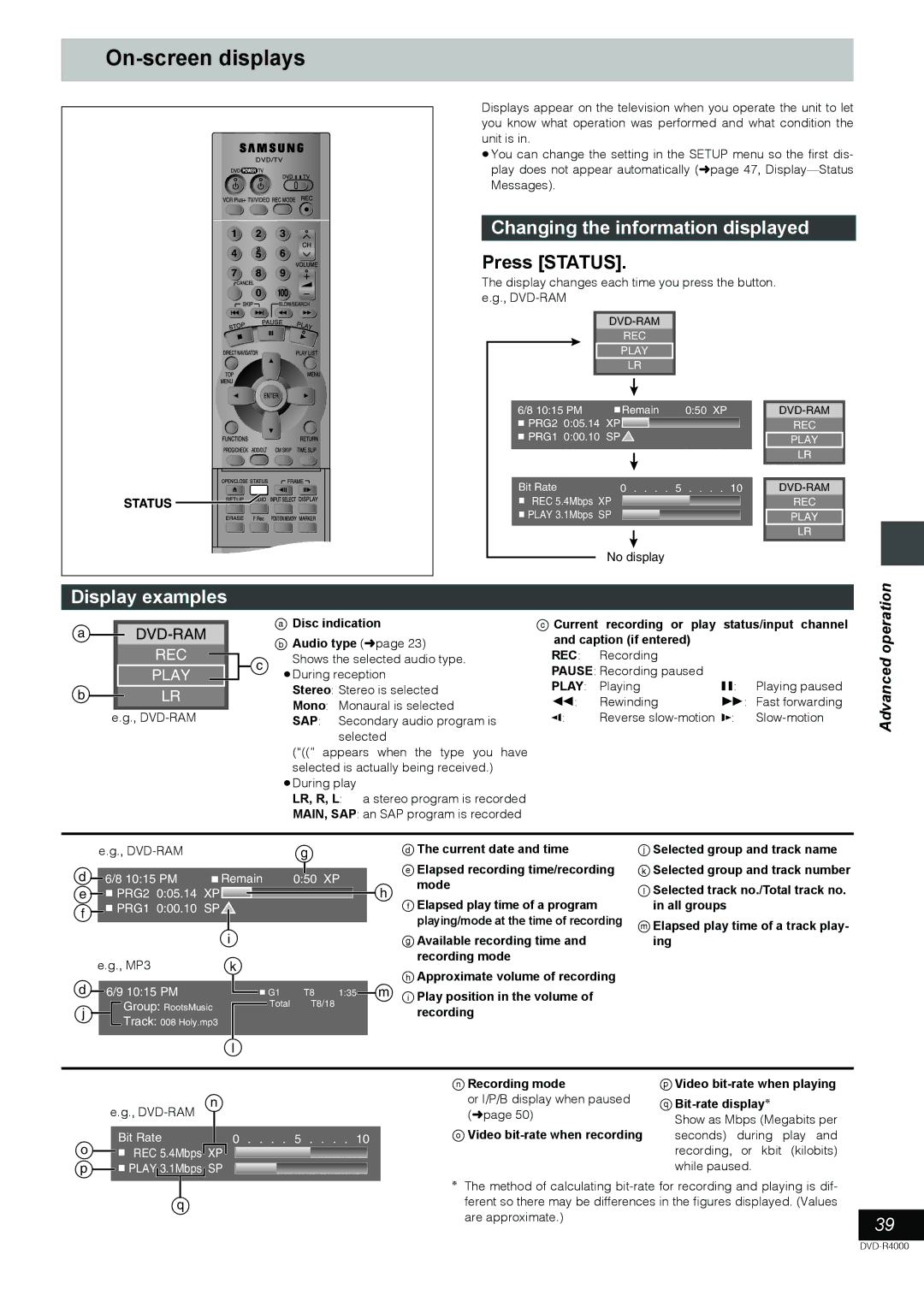 Samsung DVD-R4000EU manual On-screen displays, Changing the information displayed, Press Status, Display examples 