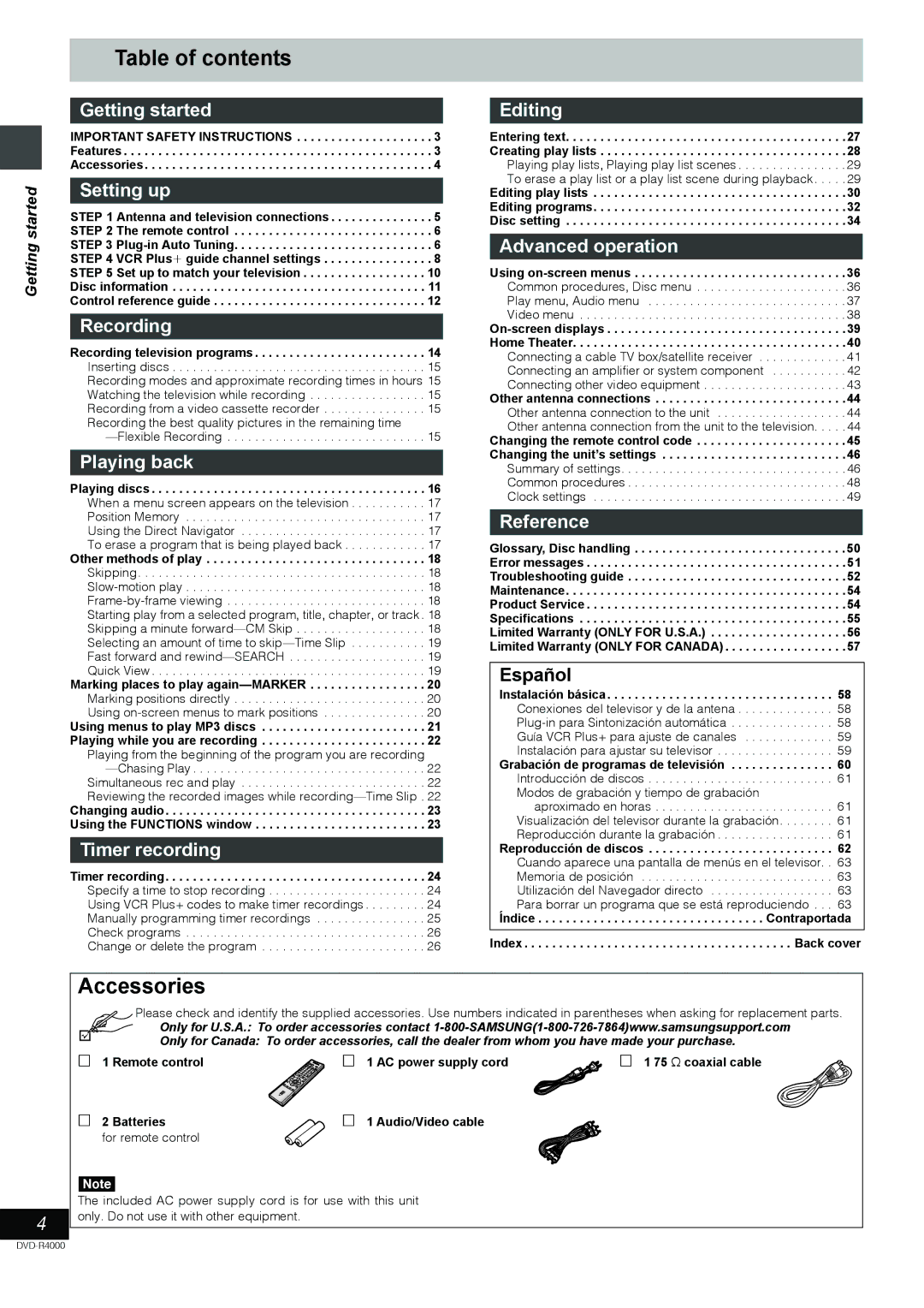 Samsung DVD-R4000EU manual Table of contents, Accessories 