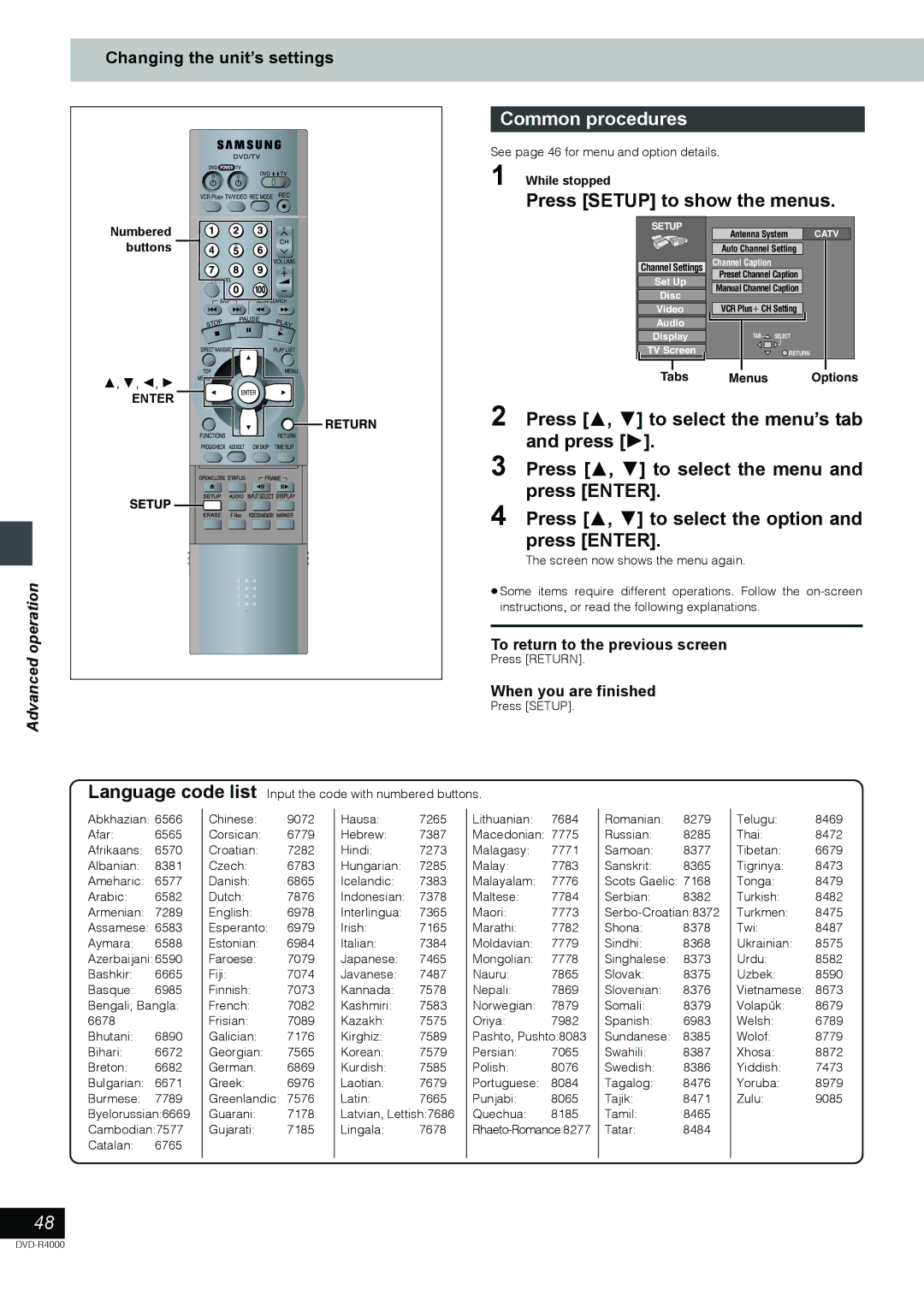 Samsung DVD-R4000EU manual See page 46 for menu and option details, Language code list Input the code with numbered buttons 