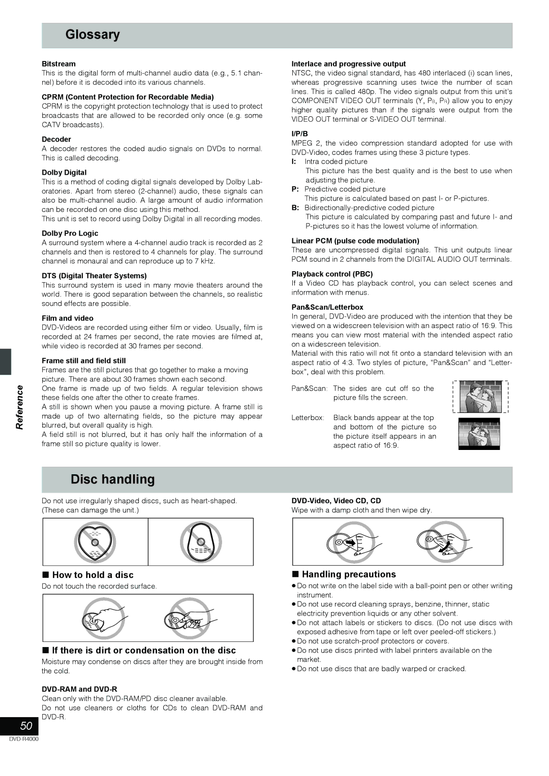 Samsung DVD-R4000EU manual Glossary, Disc handling, How to hold a disc, If there is dirt or condensation on the disc 