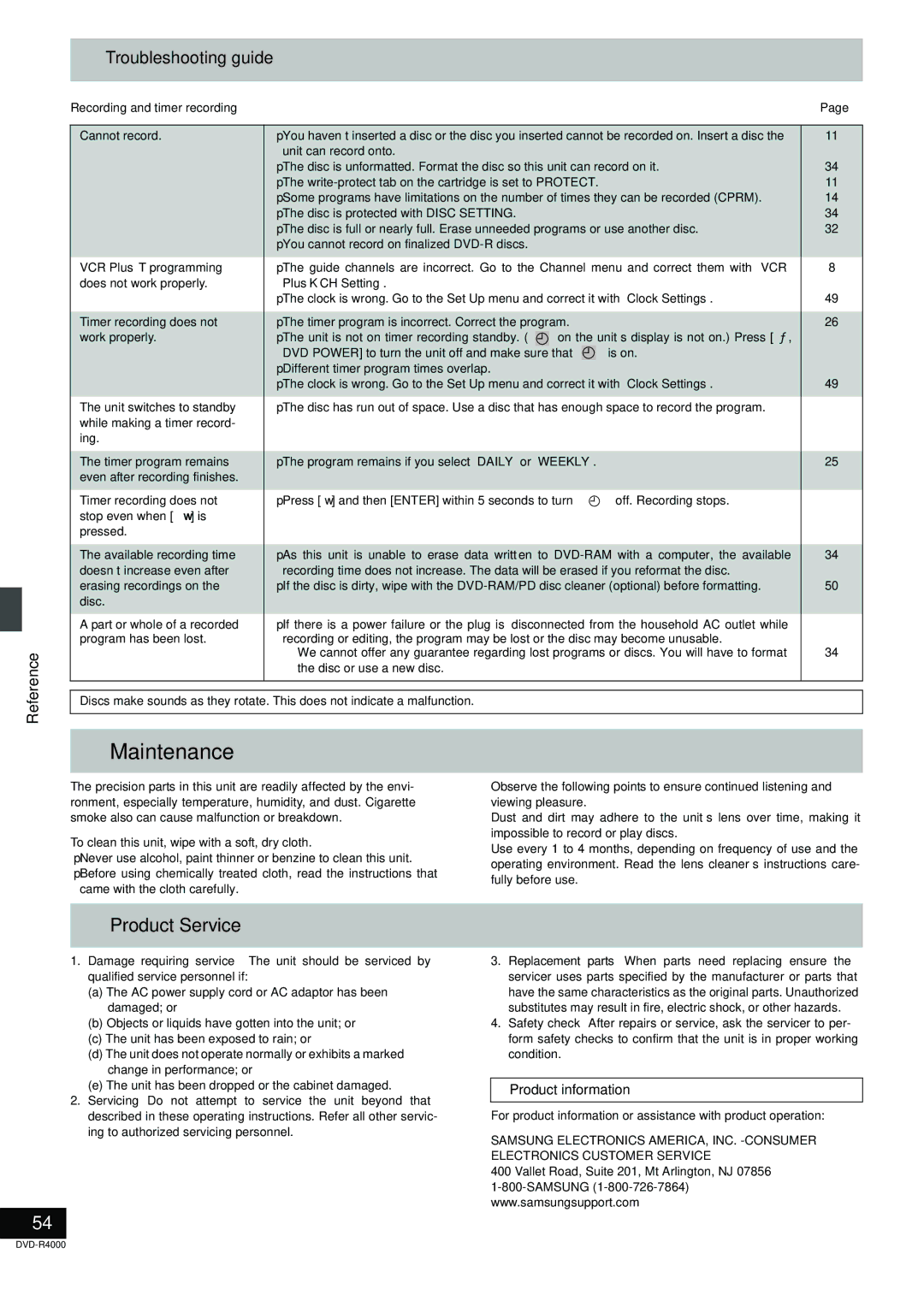 Samsung DVD-R4000EU manual Maintenance, Product Service, Product information 