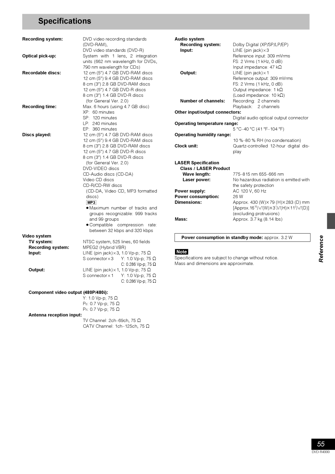 Samsung DVD-R4000EU manual Specifications 