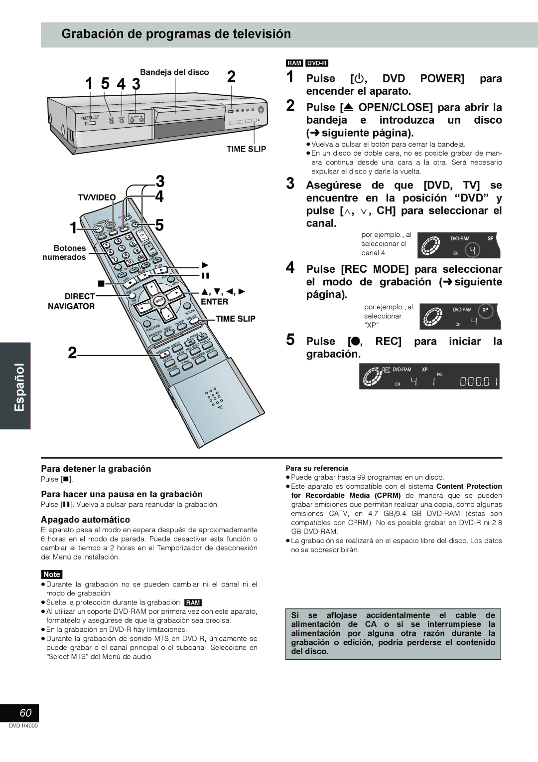 Samsung DVD-R4000EU manual Grabación de programas de televisión, Pulse ¥, REC para iniciar la grabación, Apagado automático 