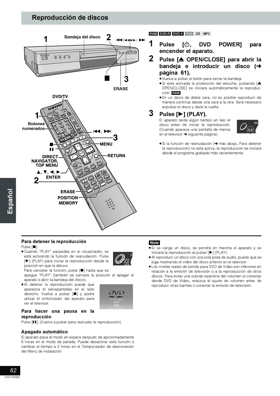 Samsung DVD-R4000EU manual Reproducción de discos, Para detener la reproducción, Para hacer una pausa en la reproducción 