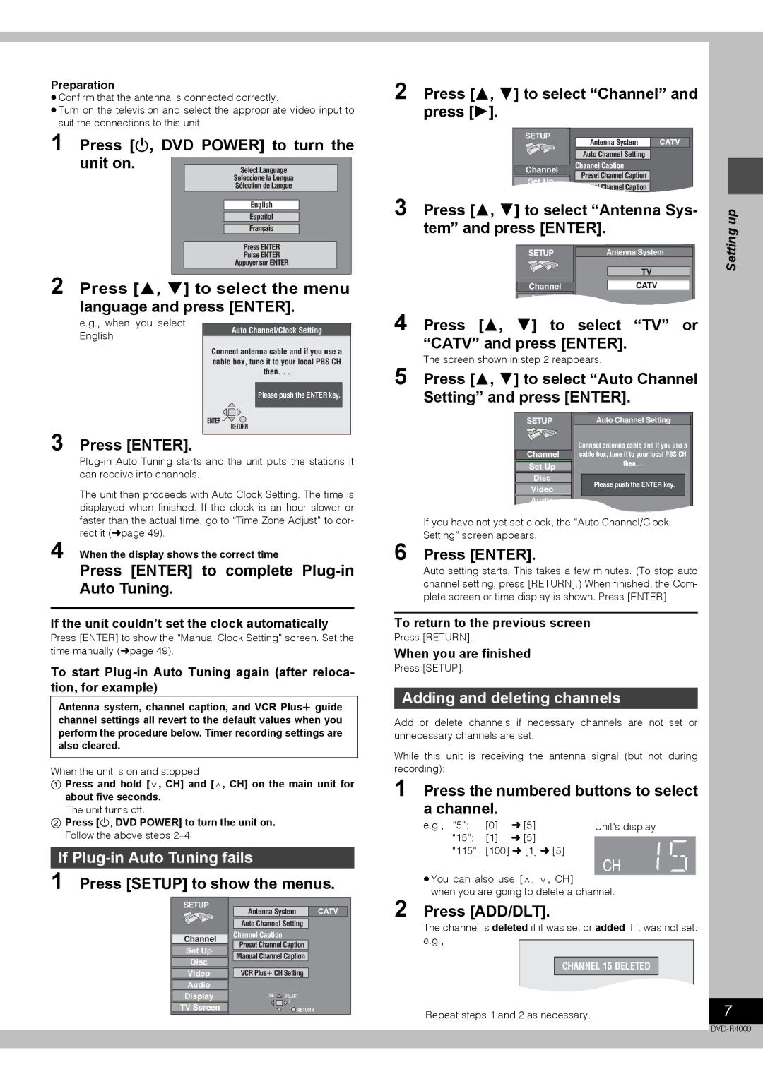 Samsung DVD-R4000EU manual If Plug-in Auto Tuning fails, Adding and deleting channels 