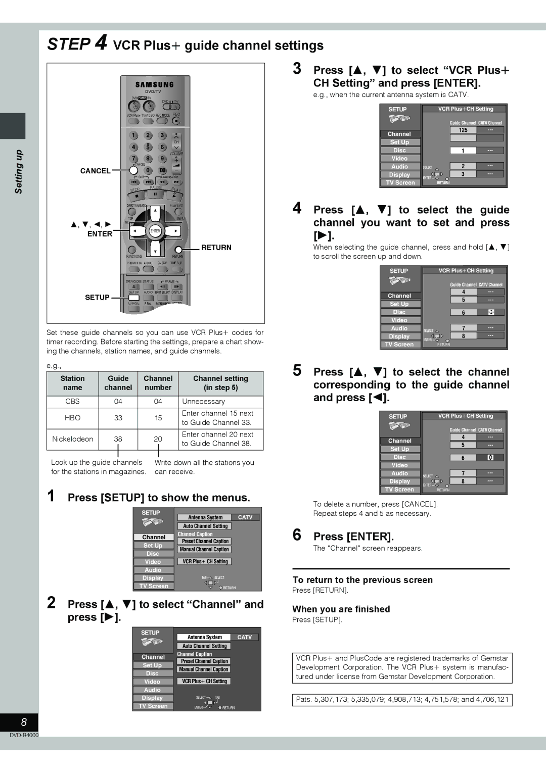 Samsung DVD-R4000EU VCR Plusi guide channel settings, Press 3, 4 to select VCR Plusr CH Setting and press Enter, Step 