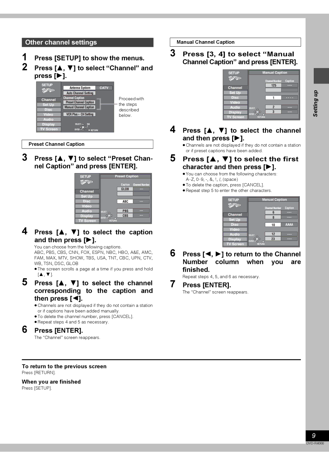 Samsung DVD-R4000EU manual Other channel settings, Press 3, 4 to select the caption and then press 