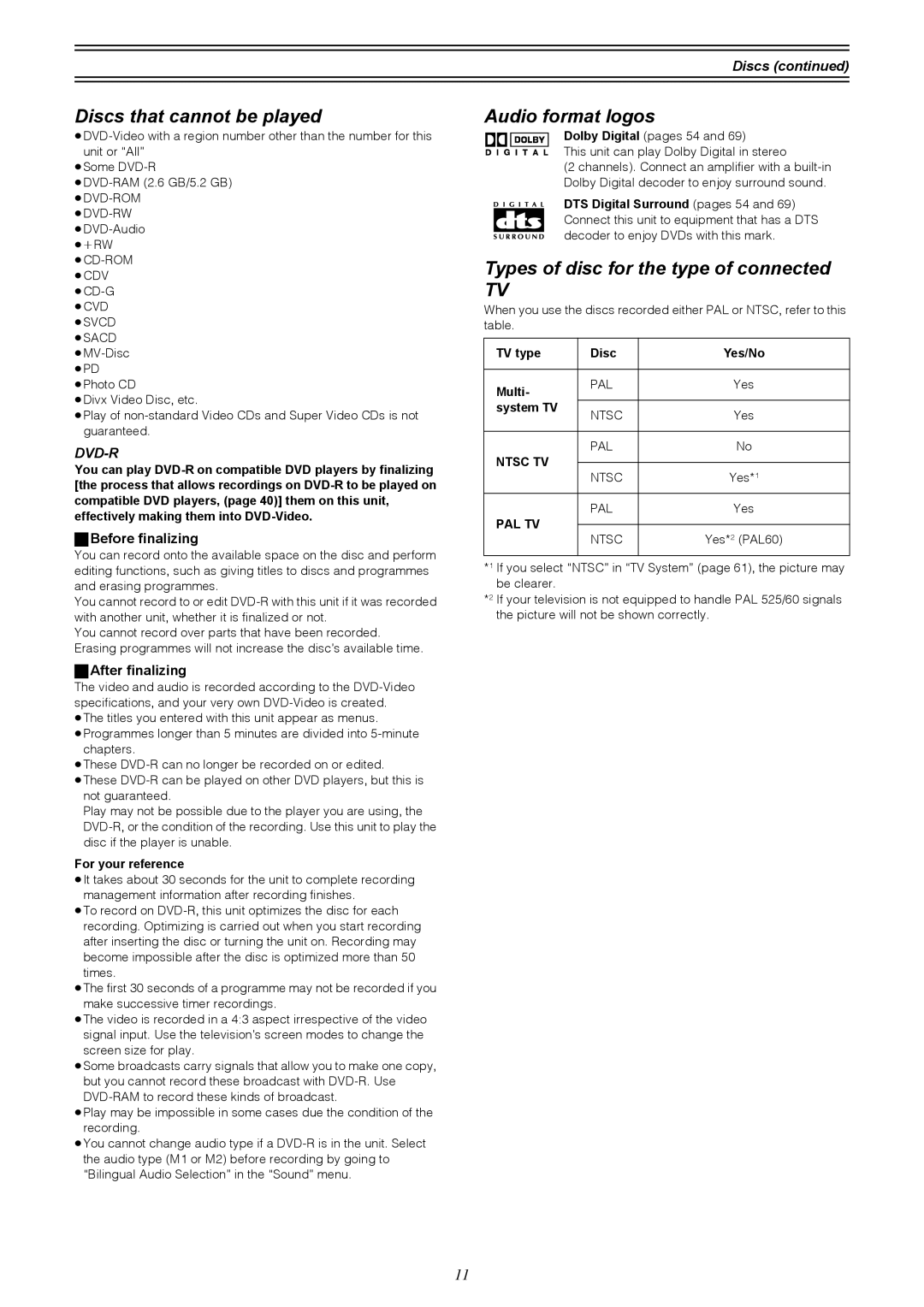 Samsung DVD-R4000EU manual Discs that cannot be played, Audio format logos, Types of disc for the type of connected 