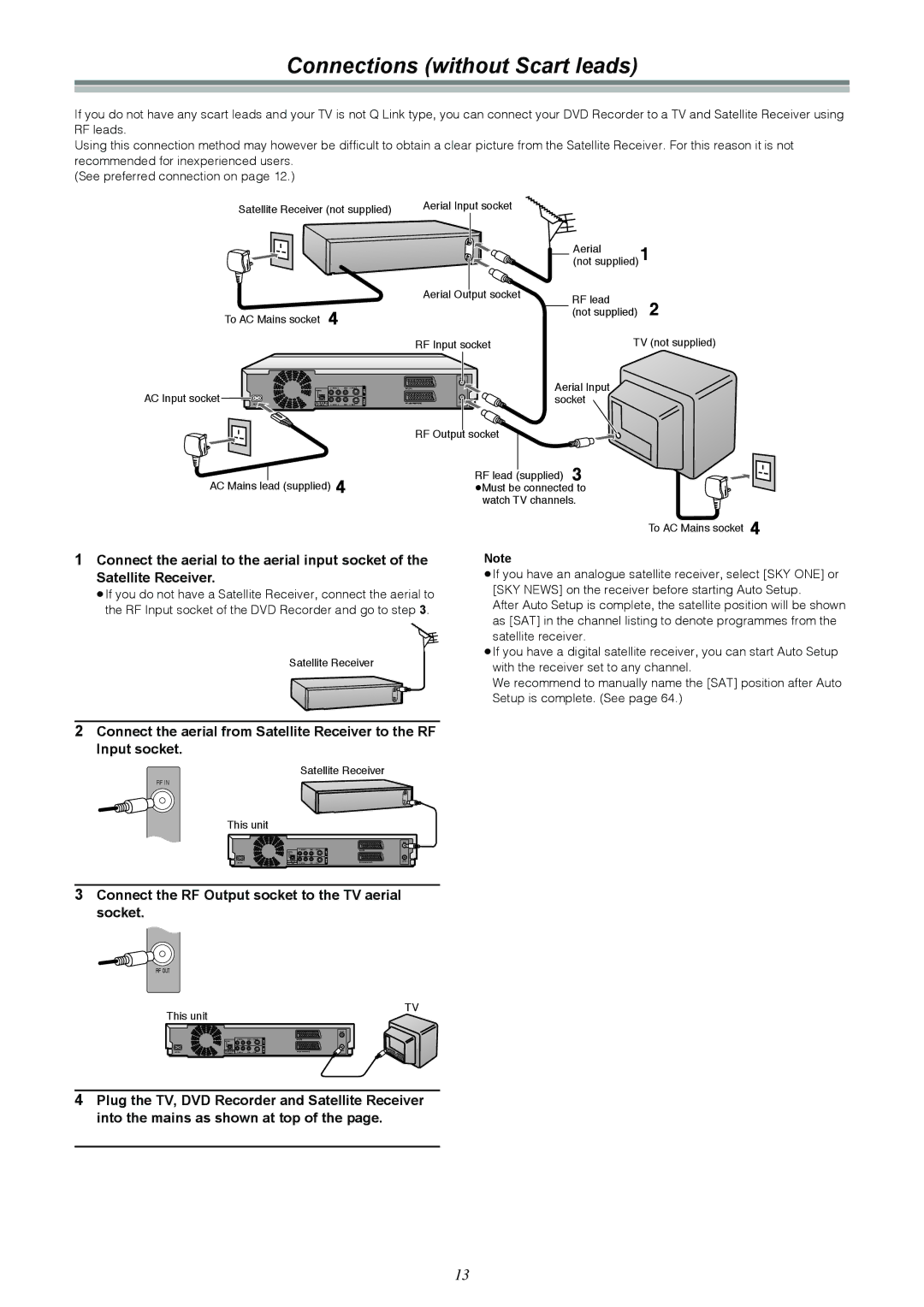 Samsung DVD-R4000EU manual Connections without Scart leads, Connect the RF Output socket to the TV aerial socket 