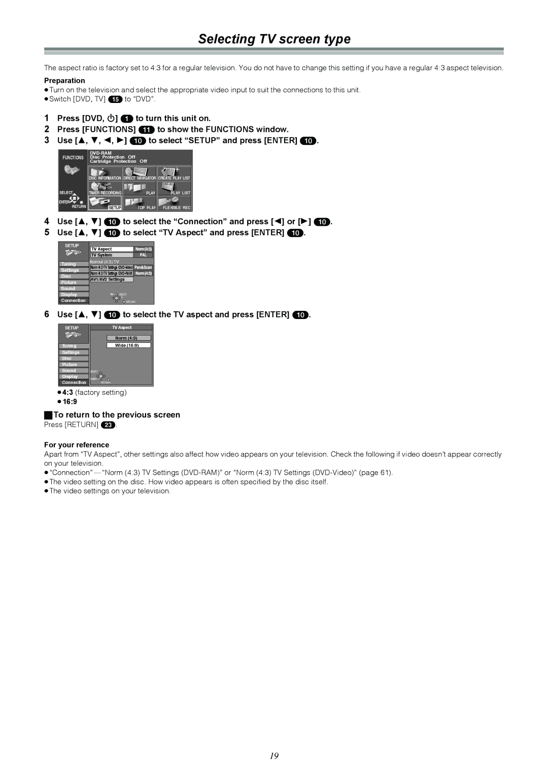 Samsung DVD-R4000EU manual Selecting TV screen type, Use 3, 4 10 to select the TV aspect and press Enter, ≥169 