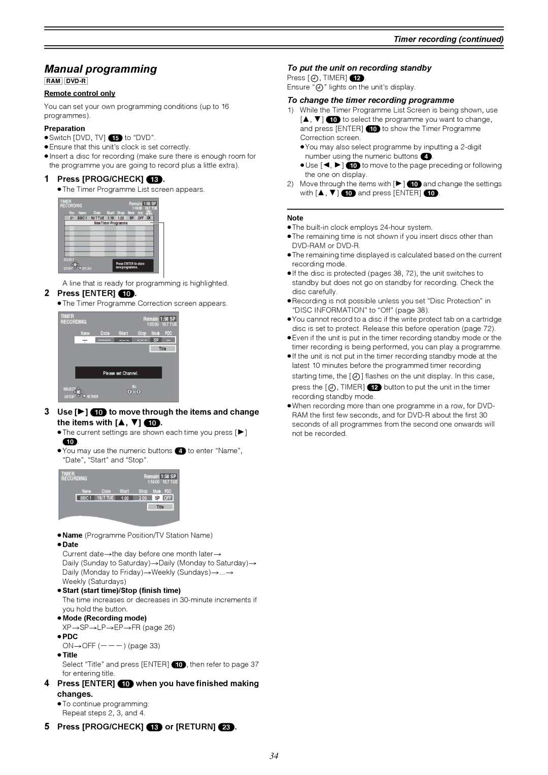 Samsung DVD-R4000EU Manual programming, To put the unit on recording standby, To change the timer recording programme 