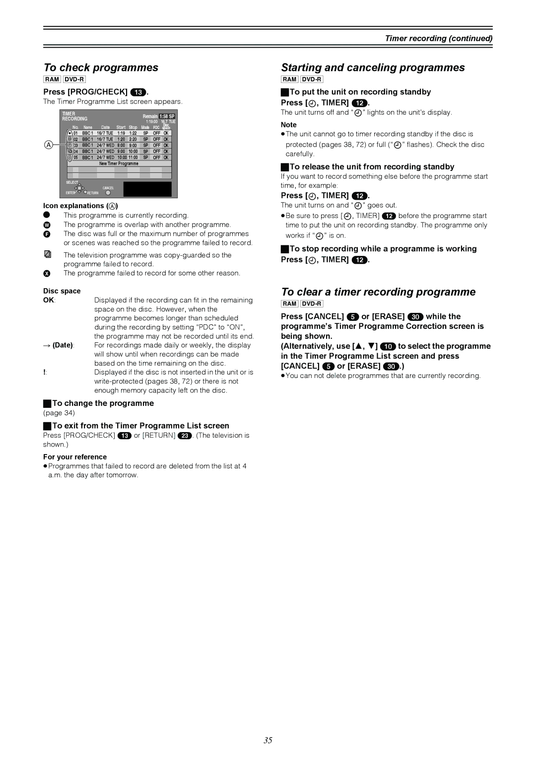 Samsung DVD-R4000EU manual To check programmes, Starting and canceling programmes, To clear a timer recording programme 