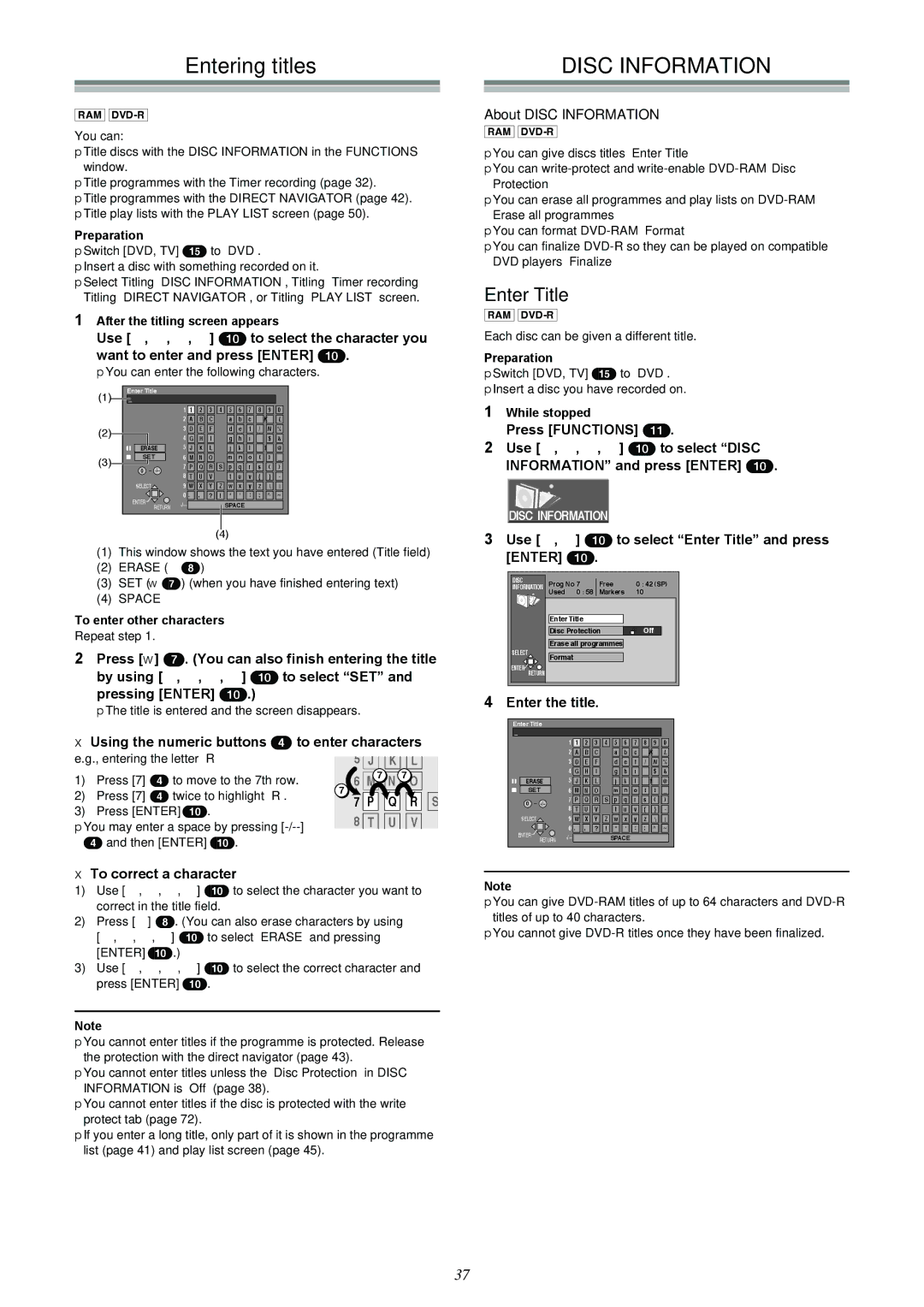 Samsung DVD-R4000EU manual Entering titles, Enter Title, About Disc Information 