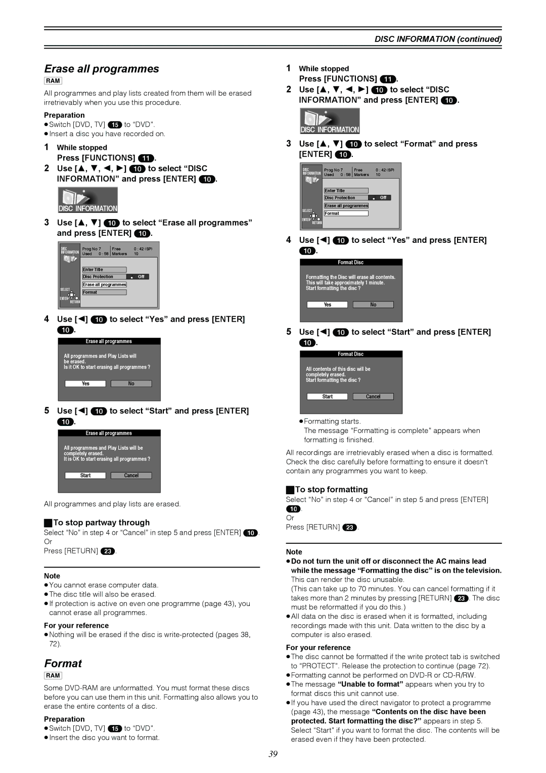 Samsung DVD-R4000EU manual Erase all programmes, Format 