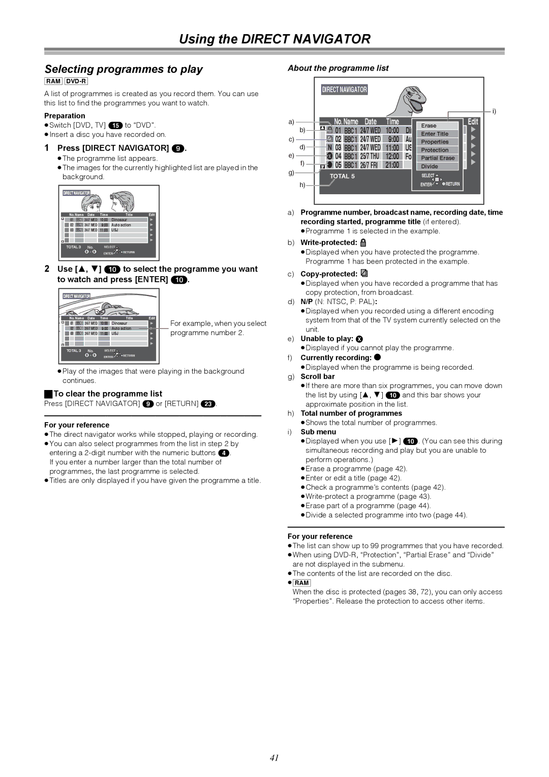 Samsung DVD-R4000EU manual Using the Direct Navigator, Selecting programmes to play, To clear the programme list 