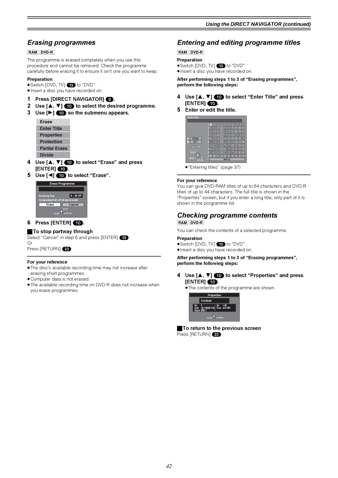 Samsung DVD-R4000EU manual Erasing programmes, Entering and editing programme titles, Checking programme contents 