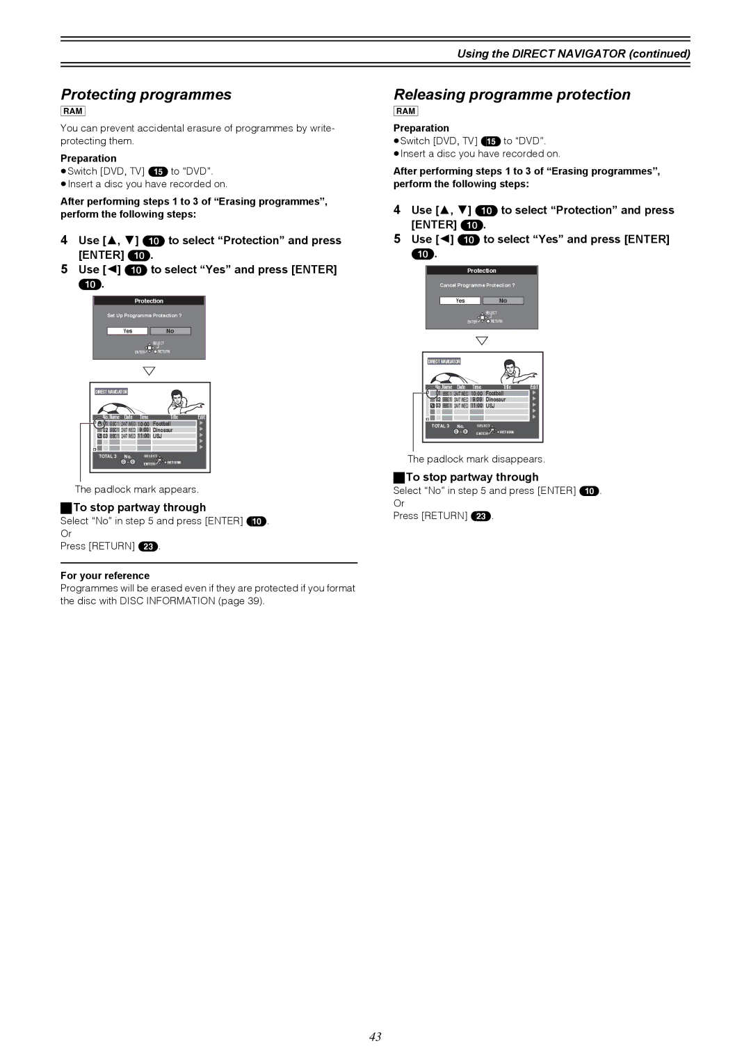 Samsung DVD-R4000EU Protecting programmes, Releasing programme protection, Padlock mark appears, Padlock mark disappears 