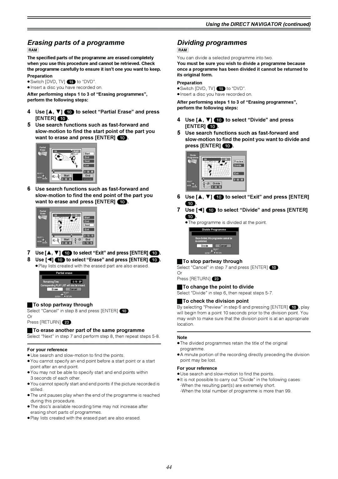 Samsung DVD-R4000EU manual Erasing parts of a programme, Dividing programmes, To erase another part of the same programme 