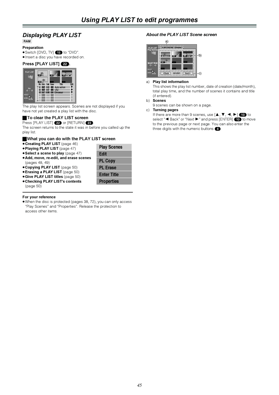 Samsung DVD-R4000EU manual Using Play List to edit programmes, Displaying Play List, About the Play List Scene screen 