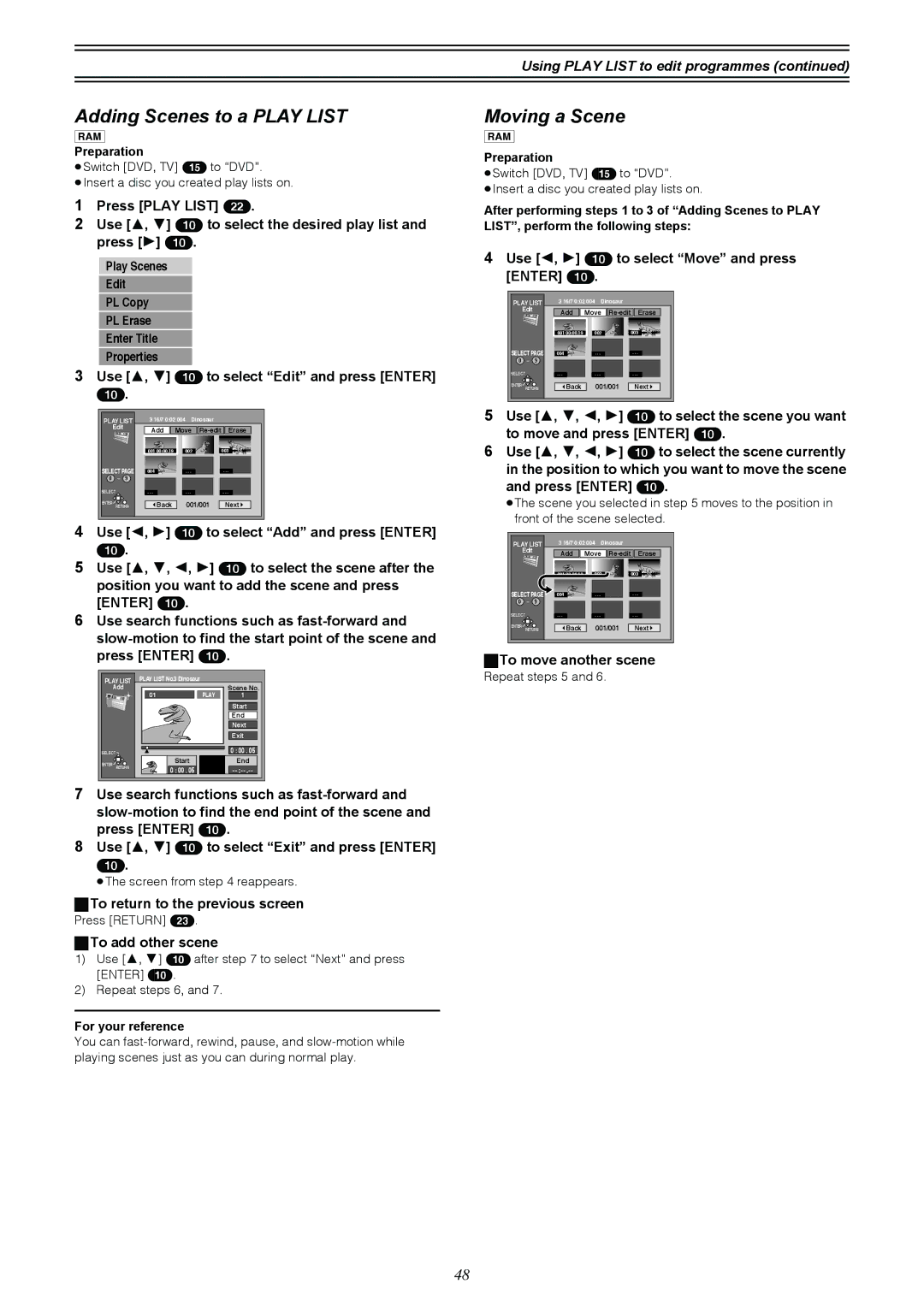 Samsung DVD-R4000EU manual Adding Scenes to a Play List, Moving a Scene 