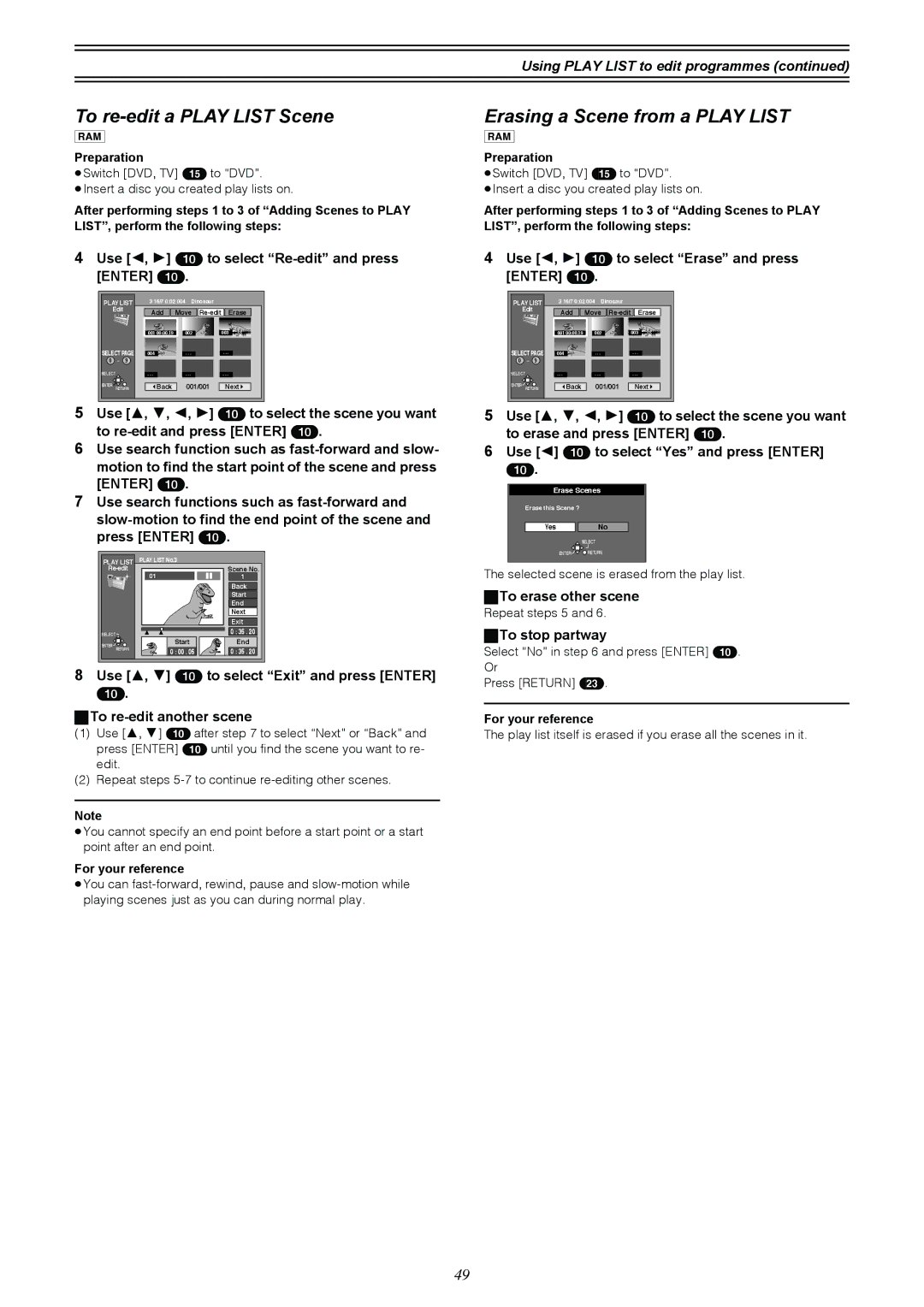 Samsung DVD-R4000EU manual To re-edit a Play List Scene, Erasing a Scene from a Play List 